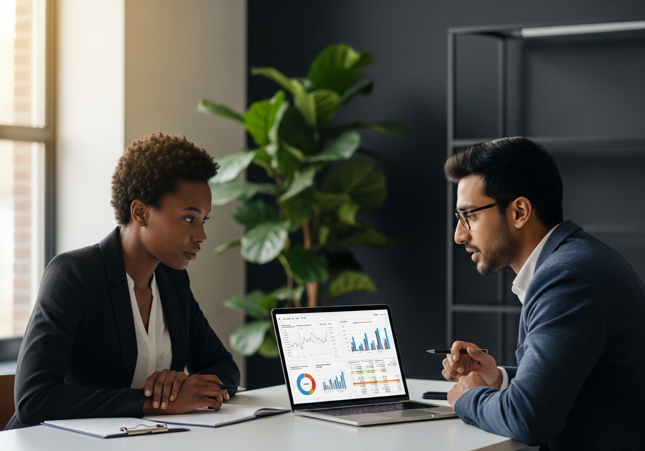 Two colleagues reviewing financial figures together at a laptop